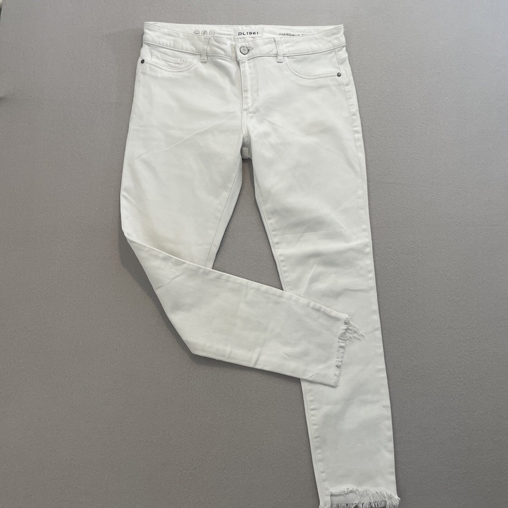 DL1961 Margeaux White Denim Ankle Skinny Jean Sz 26 Raw Hem EXCELLENT